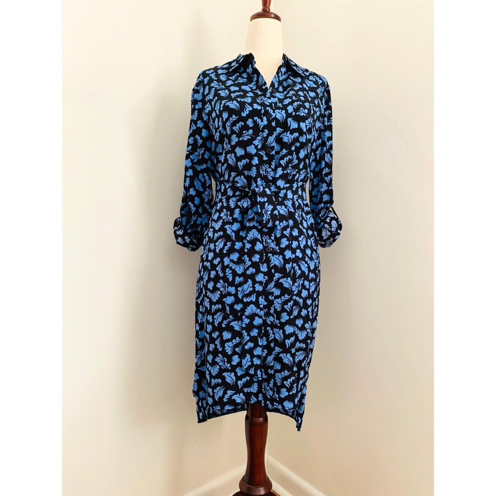 NWT Diane von Furstenberg DVF Prita Belted Silk Shirt Dress 2 4 S Black Blue